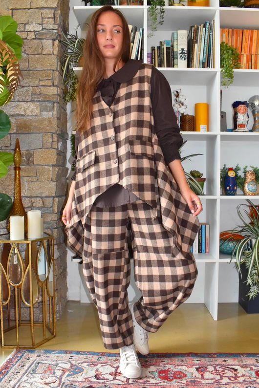 Nora Brushed Cotton Gingham Trapeze Waistcoat Coffee Bean